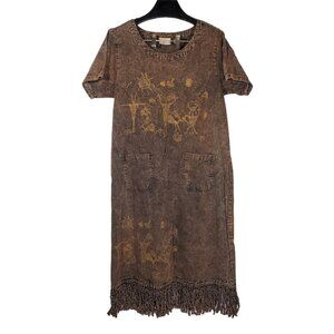VTG Charlotte Tribe Scene T-Shirt Dress Copper Brown Acid-Wash Denim Fringe 90s